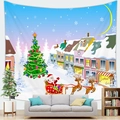 Cartoon Christmas tree tapestry showing Santa Claus flying over a snowy winter town - Snowy Town Bakery (9)