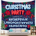 Living room setting showing Christmas party tapestry with large text and floral decor - Dark Blue Christmas Party Alphabet