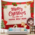 Detail of Christmas wall tapestry with festive motifs hanging over a grey sofa - 150x100cm / Peach Skin / Red and White Festive Elements