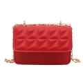 Red quilted square crossbody bag with gold chain strap on white background - Red