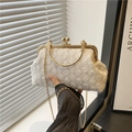 Elegant white lace floral crossbody bag with gold metal frame and chain strap - White