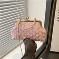 Pink floral lace clutch bag with golden handle and chain for wedding evening parties - Pink