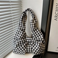 Borsa tote a quadretti con maxi fiocco, borsa a spalla minimalista di grande capacità - Nero