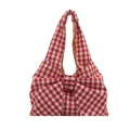 Red plaid tote bag with oversized bow design and spacious canvas interior for women - Red