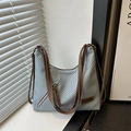 Blue and white herringbone tote bag with brown leather straps and front zipper detail - Blue