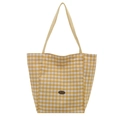 Geel en wit geruite nylon draagtas met beige canvas handvatten en handgemaakte patch - Standaardtype / Geel