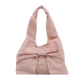 Pink checkered tote bag featuring a decorative large bow design and wide shoulder strap - Pink