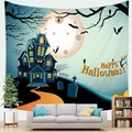 Halloween wall tapestry featuring a blue ghost castle and a large moon over a gray sofa - 150x100(Peach Skin) / Ghost & Castle Style