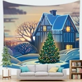 Christmas snowy winter landscape tapestry with decorated tree over a cozy grey sofa - 100x70(Peach Skin) / Sunset Christmas Tree Cabin(12)