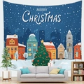 Cozy living room detail featuring a Merry Christmas snow scene tapestry hanging on a gray wall - Peach Skin European Snow Village (Style 9) / 100X70
