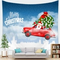 Cozy home interior featuring a Christmas tapestry with Santa and trees over a gray sofa - 100x70(Peach Skin) / Santa Driving Over City(9)