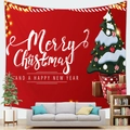 Tapisserie de Noël rouge avec sapin enneigé et cadeaux accrochée au mur blanc - Sapin de Noël Rouge Peau de Pêche (Style 4) / 150x100