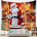 Christmas Santa Claus peach skin tapestry hanging on a wall behind a gray sofa - 100X70 / Santa Cabin Background (9)