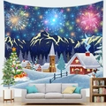 Winter snow scene wall tapestry featuring a snowy mountain church and festive fireworks display - 100x70(Peach Skin) / Fireworks Snow Mountain Celebration(5)
