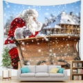 Macro detail of Santa Claus tapestry showing vibrant printed fabric on a living room wall - 100X70 / Santa and Sleigh Scene (7)