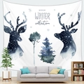 Watercolor winter tapestry with reindeer and pine trees hung over a modern sofa - Watercolor Winter Reindeer