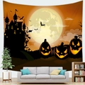 Detail of Halloween tapestry featuring pumpkin lanterns, bats and a dark castle silhouette - Orange Black Castle Pumpkin (5)