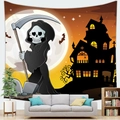 Cartoon Grim Reaper tapestry with moon and haunted house in modern living room setup - 100x70(Short Plush) / Cartoon Reaper (10)
