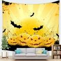 Detailed Halloween wall tapestry with smiling pumpkins and bats hung over a living room sofa - 100x70(Short Plush) / Pumpkin Background (1)