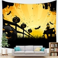 Halloween wall tapestry featuring spooky castle pumpkin and bats in a modern living room - 100x70(Peach Skin) / Black Yellow Castle Pumpkin (2)