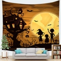 Detailed Halloween wall tapestry featuring haunted house and bat silhouettes in a cozy room - 100x70(Short Plush) / Child Silhouette (6)