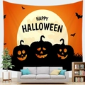 Halloween pumpkin tapestry with full moon and Happy Halloween text above a sofa - Orange Moon Pumpkin Bat (11)