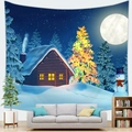 Christmas tapestry with a snowman and winter cabin scene hanging in a cozy living room - 100x70(Peach Skin) / Snowman Starry Cabin(3)