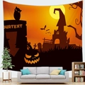 Halloween tapestry with pumpkin, owl and castle design hanging above a cozy sofa - 100x70(Short Plush) / Pumpkin Castle Owl (7)