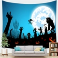 Halloween tapestry with moon and castle scenery hanging above a modern sofa in a living room - Night Moon Castle (Pattern 10)