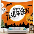 Halloween wall tapestry with Happy Halloween text over sofa for home party decoration - Orange Happy Halloween (Pattern 7)