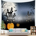Detailed view of Halloween tapestry featuring glowing pumpkins and spooky castle on living wall - Jack-O'-Lantern (Pattern 5)