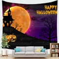 Détail de la tapisserie d'Halloween avec château et citrouille sur canapé gris - Citrouille de château de nuit pourpre(6) / 150x100