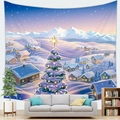 Christmas snowy town wall tapestry with festive tree hung above a modern sofa - Dark Blue Snowy Night Town (3)