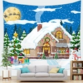 Christmas tapestry featuring a cozy winter cabin, snowman, and tree on peach skin fabric - 100x70(Peach Skin) / Cartoon Snow Cabin and Snowman(8)