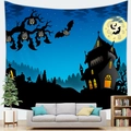 Halloween tapestry with cartoon bats, castle, and full moon over a sofa wall - 150x100(Peach Skin) / Cartoon Bat Castle (Pattern 1)