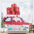 Christmas tapestry featuring Santa in a red vintage car over a cozy sofa background - 100X70 / Santa Driving Red Car (12)