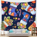 Dark blue Christmas peach skin tapestry with festive socks and snowman hung over a sofa - Dark Blue Hand-Drawn Christmas Socks
