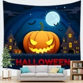 Halloween wall tapestry featuring a glowing pumpkin lantern and castle on a blue background - 8