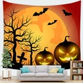 Detail of Halloween tapestry featuring pumpkins and full moon hanging over a gray sofa - 7