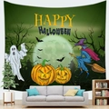 Detail of Happy Halloween wall tapestry featuring ghosts, witches, and carved pumpkins - 2