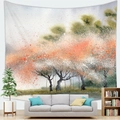 Arazzo da parete giapponese con fiori in stile acquerello appeso dietro un divano - 150x100cm / Paesaggio di alberi fioriti rosa e arancio (Peach Skin/G246)