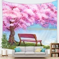 Arazzo con paesaggio giapponese con fiori di ciliegio e panca rossa per pareti - 100x70cm / Panchina Ciliegio in Fiore Lago (Pelle di Pesca)