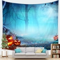 Detail of Halloween tapestry with Jack-o'-lanterns and blue misty forest over a sofa - Style 10