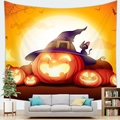 Halloween wall tapestry featuring a pumpkin, black cat, and bats in a cozy living room - Style 2 / Peach Skin