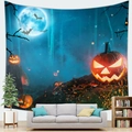 Detail of Halloween tapestry with full moon and glowing pumpkins in a dark blue forest - Style 11