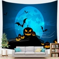 Macro detail of Halloween tapestry with blue moon and pumpkin lanterns in a modern living room - Style 8