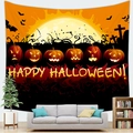 Detail van Halloween wandkleed met pompoenen, vleermuizen en Happy Halloween tekst - 150x100(Perzikhuid) / Oranje Pompoen (4)