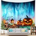 Detail of Halloween tapestry with glowing pumpkins and skull in a dark blue forest - Style 4 / Peach Skin