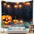 Arazzo di Halloween con zucche luminose e luci calde su sfondo di legno rustico scuro - Stile 10
