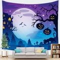 Detailed Halloween wall tapestry with purple starry sky, haunted castle, and lit pumpkins - 150x100cm / Style 6